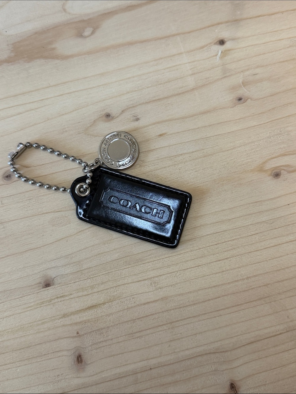 Coach Black Patent Leather Tag Keychain with Silver-Tone Charm